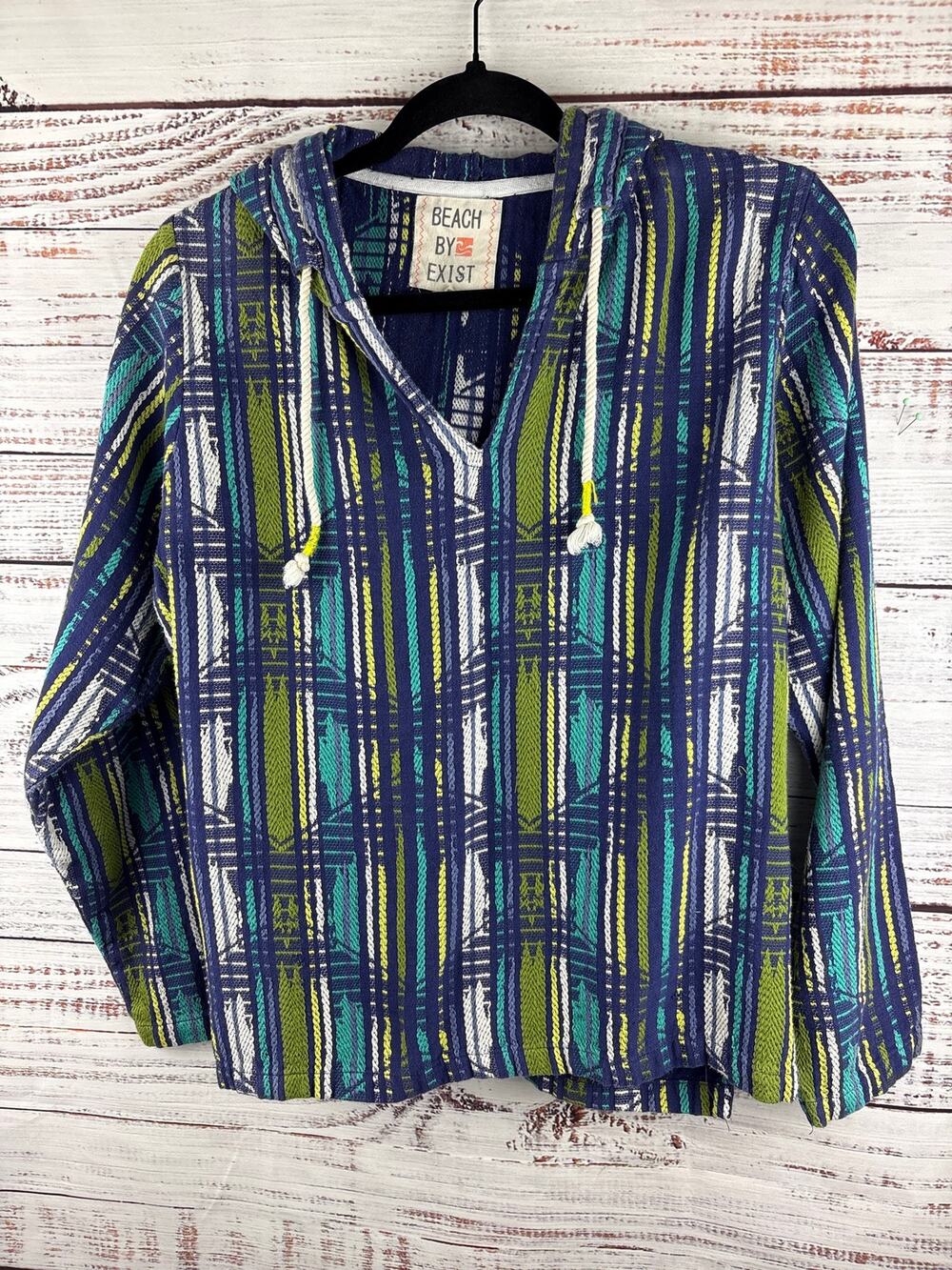 Beach By Exist Blue Green Baja Hoodie Pullover V Neck Cotton Boho Womens Size XL